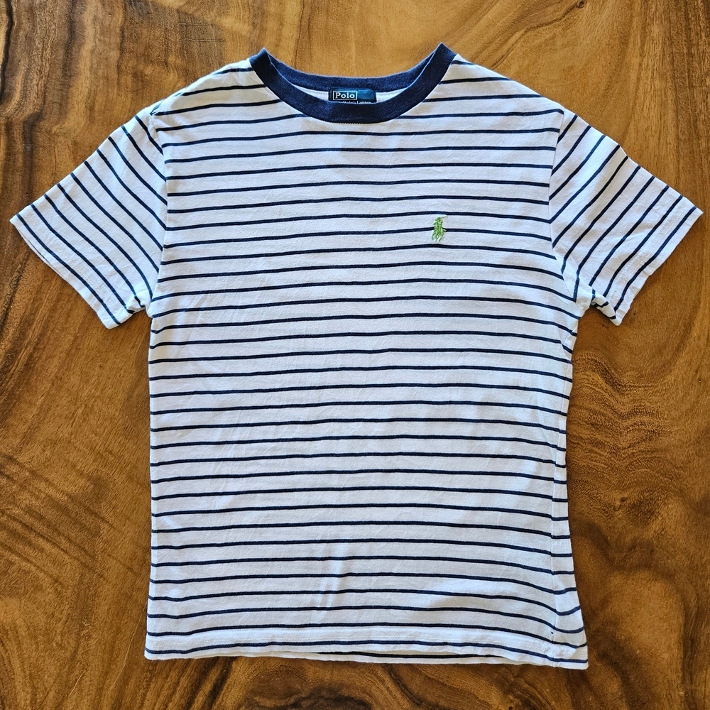 Boys Polo Ralph Lauren White Navy Blue Striped Short Sleeve Tee Size 8